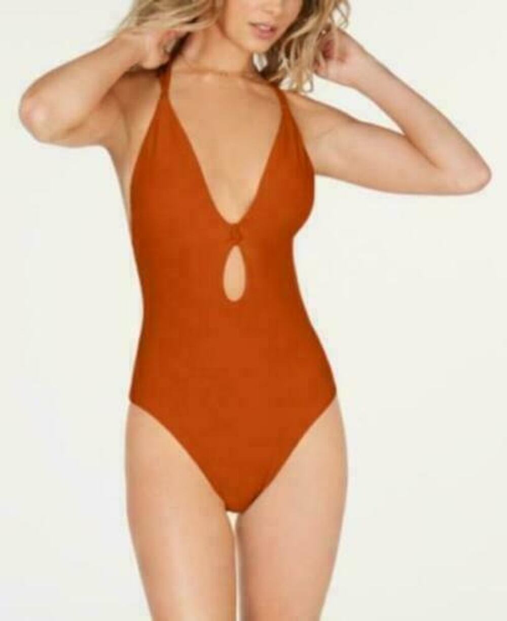 Bar III Like Knot One-Piece Swimsuit XL Cinnamon Burnt Orange Ribbed Halter New